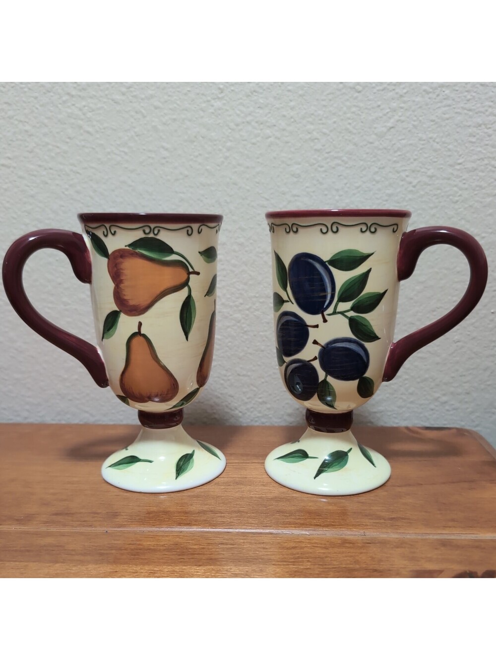 Sonoma Lifestyle Pear & Blueberry Design Pedestal Latte Coffee Cup Mug Set Of 2